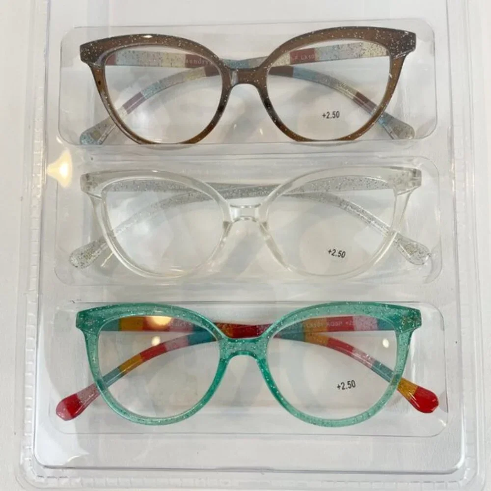 Laundry by Design +2.50 Reading Glasses Glitter Aqua Clear Brown Striped